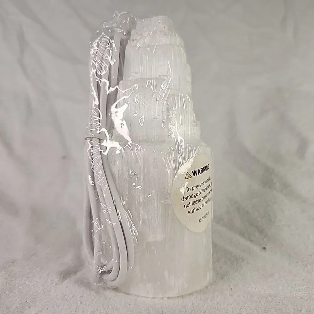 Selenite Lamp Crystal Gemstone Tower Point Lamp W/ USB LED Light Healing 5